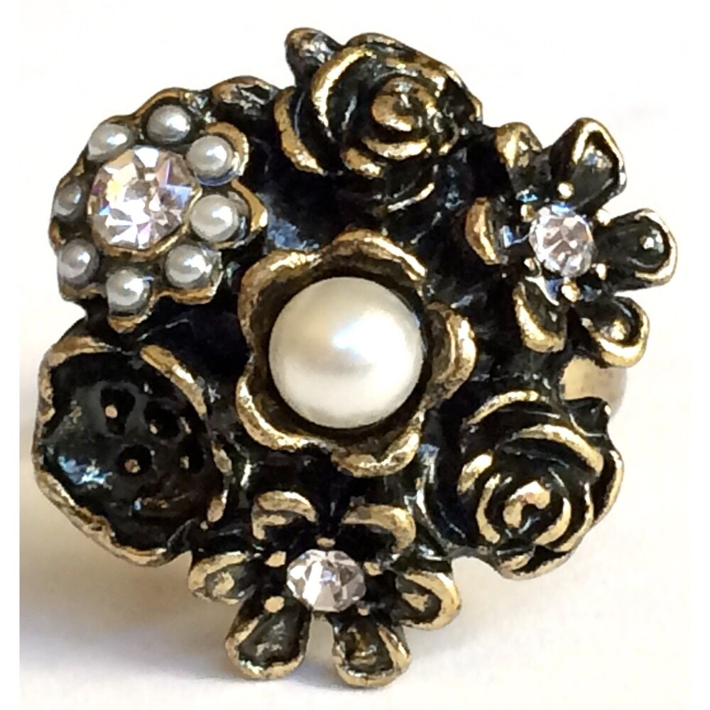Vintage Victorian Pearl Rose Flower Cocktail Ring Size 7 8 Crystal Gold Plated